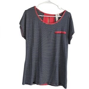 ROBIN-K Navy Striped Short Sleeve Shirt Accented Coral Mesh • Used • Size: Large